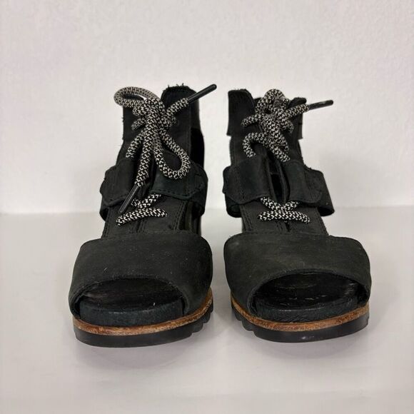 Sorel Black Leather Cutout Side Wedge Lace Up Sandals Size 8 - Picture 3 of 9
